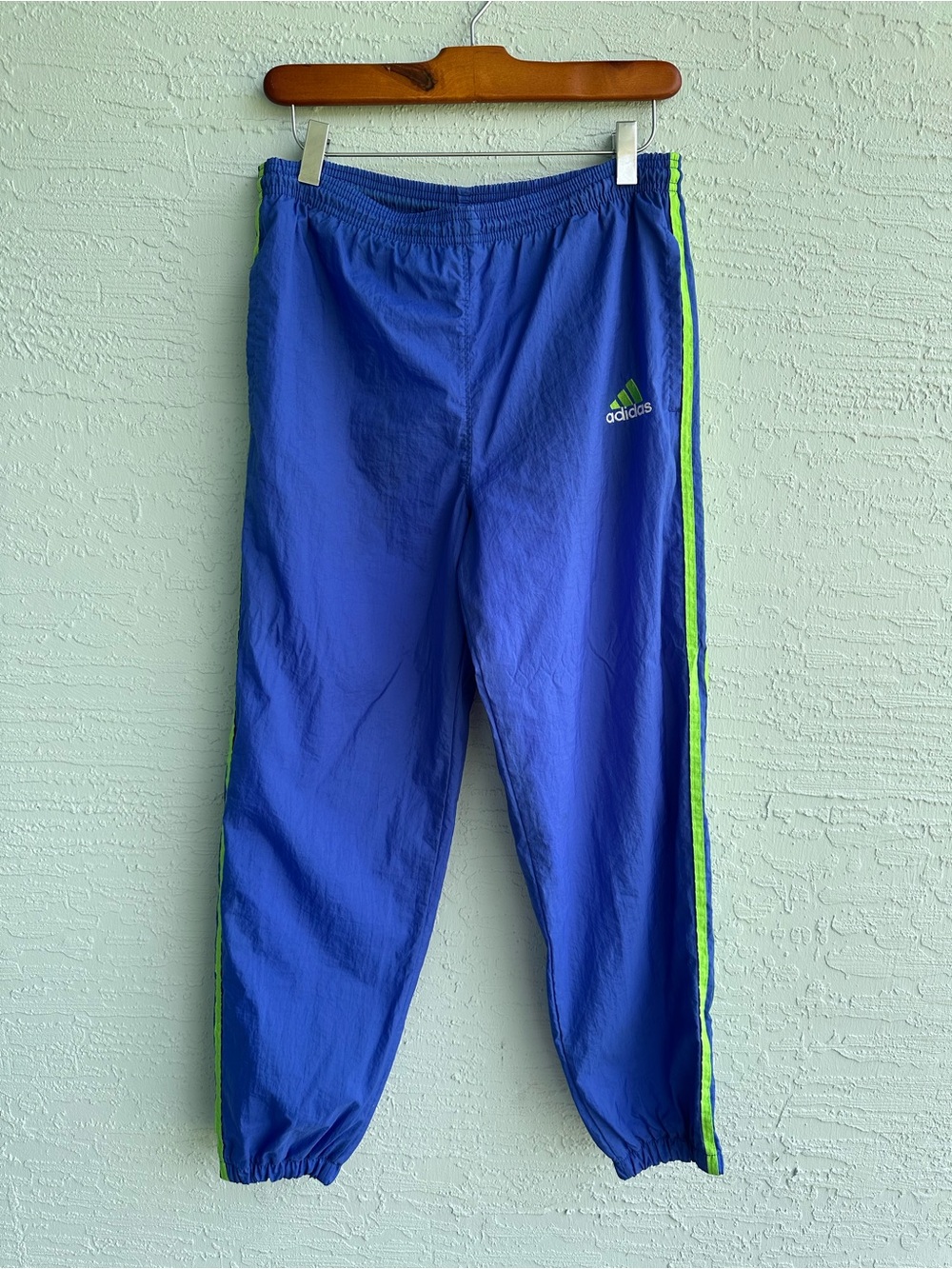 Vintage Adidas, blue and green striped tracksuit jogging pants size L